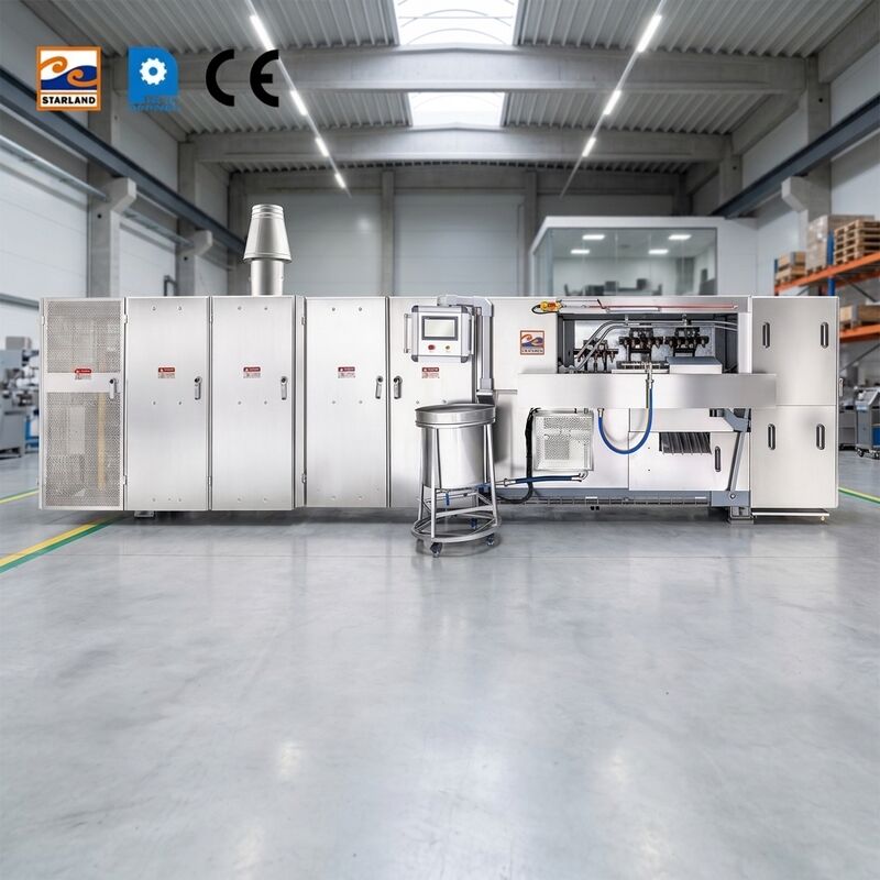Dây chuyền sản xuất bánh quế hình nón cung cấp quy trình sản xuất ổn định và liên tục với khả năng kiểm soát thời gian và nhiệt độ chính xác